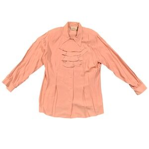 Fitting Image Vintage Pink Ruffle Jabot Blouse Button Front Shirt USA Made Sz 14